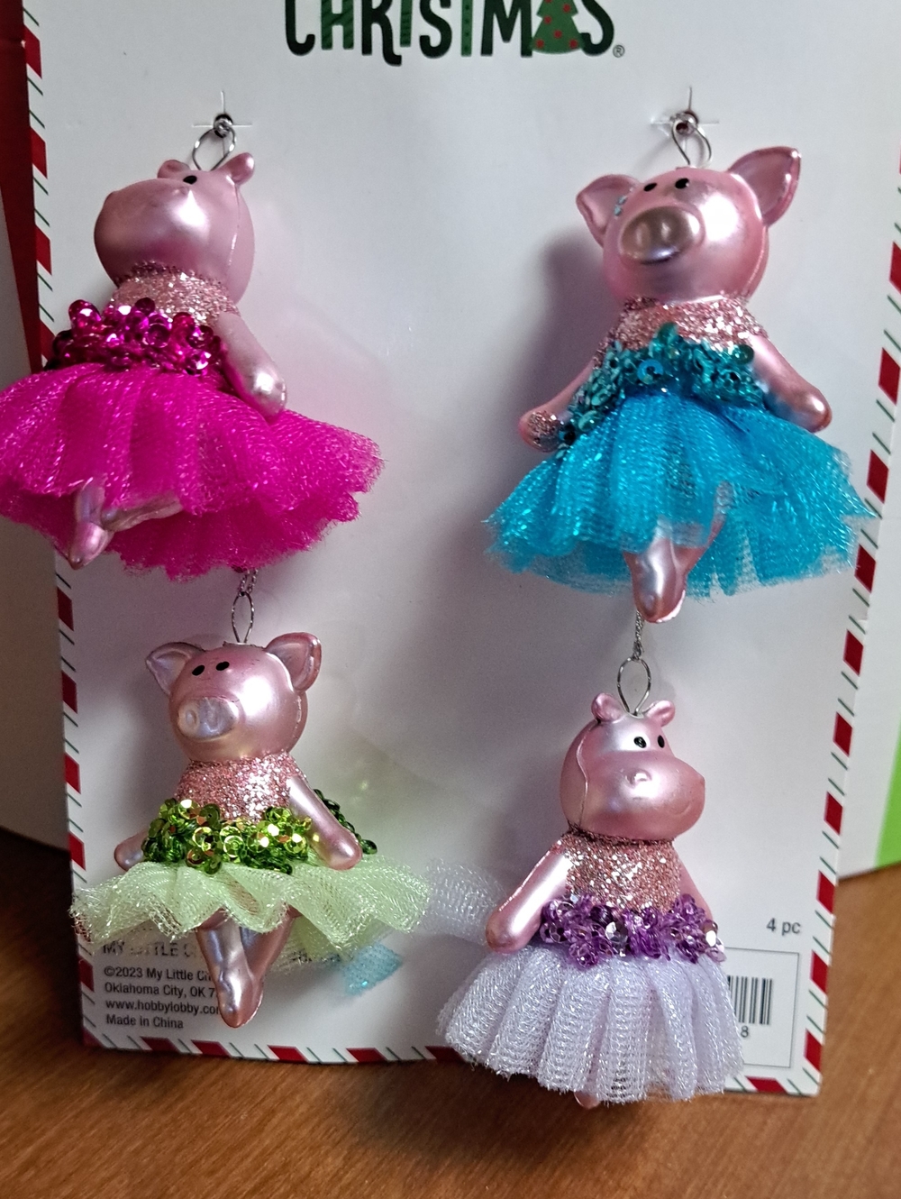 Pink Piglet & Hippo Tutu Ornaments - Set of 4